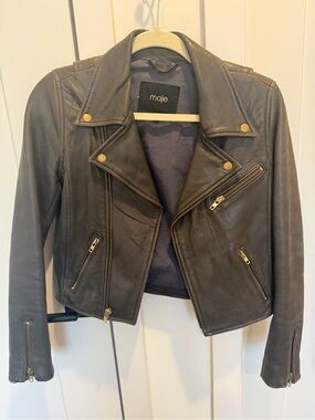 maje Brown Leather Moto Jacket with Gold Hardware